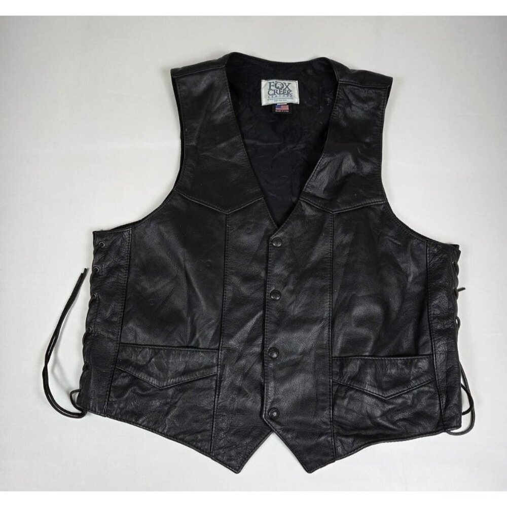 Vintage Fox Creek Men Size 50 Black Leather Eagle American Flag Biker Vest USA